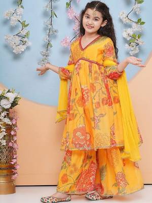 Girls floral printed empire gotta patti kurta with sharara & with dupatta 4