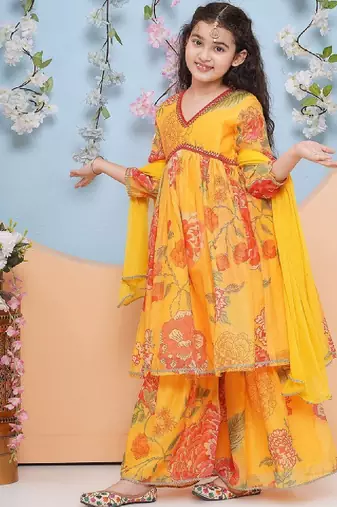 Girls floral printed empire gotta patti kurta with sharara & with dupatta