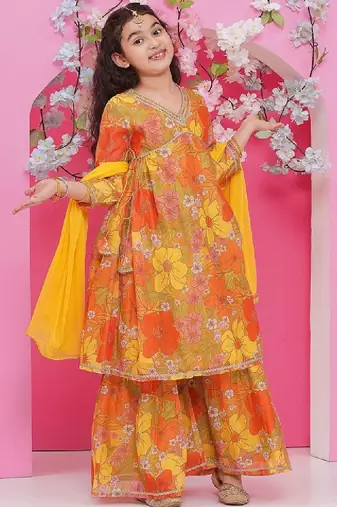 Girls floral printed empire gotta patti kurta with sharara & with dupatta