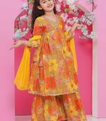 Girls floral printed empire gotta patti kurta with sharara & with dupatta