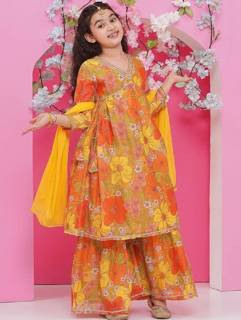 Girls floral printed empire gotta patti kurta with sharara & with dupatta