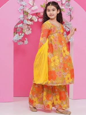 Girls floral printed empire gotta patti kurta with sharara & with dupatta 4