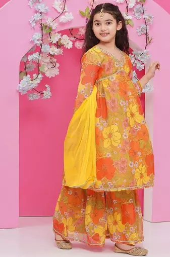 Girls floral printed empire gotta patti kurta with sharara & with dupatta