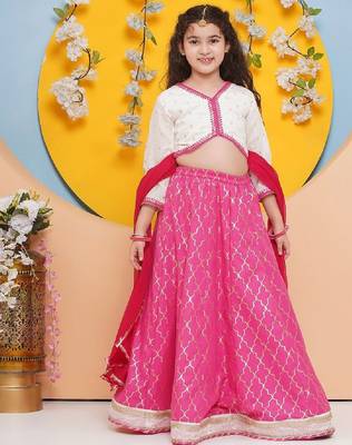 Girls floral embroidered ready to wear cotton lehenga & blouse & dupatta 1