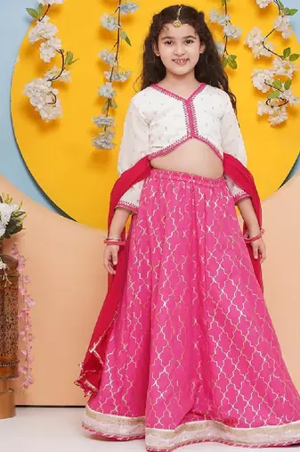 Girls floral embroidered ready to wear cotton lehenga & blouse & dupatta