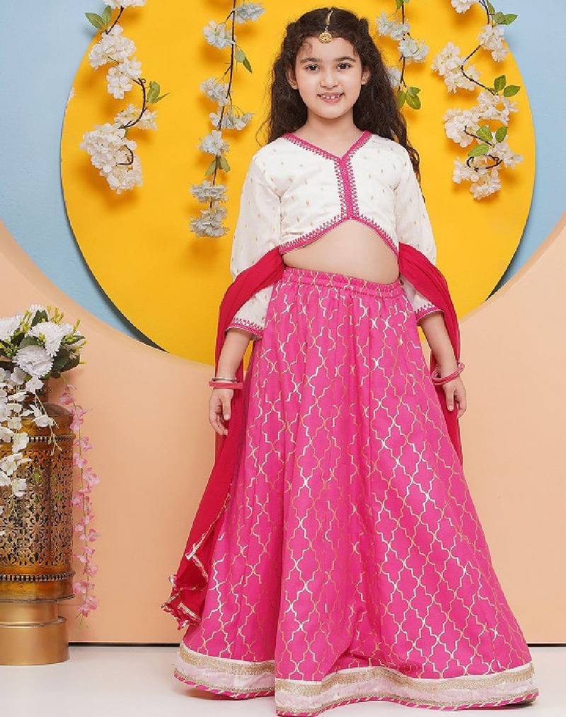 Girls floral embroidered ready to wear cotton lehenga & blouse & dupatta