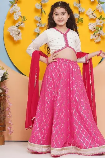 Girls floral embroidered ready to wear cotton lehenga & blouse & dupatta