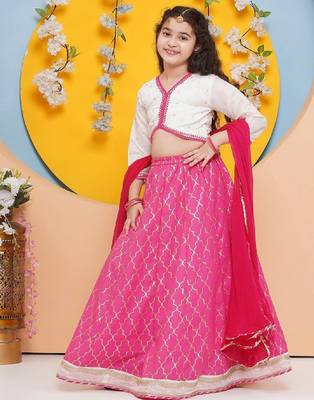 Girls floral embroidered ready to wear cotton lehenga & blouse & dupatta 4
