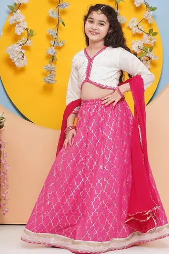 Girls floral embroidered ready to wear cotton lehenga & blouse & dupatta