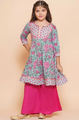 Girls floral printed empire gotta patti pure cotton kurta with sharara