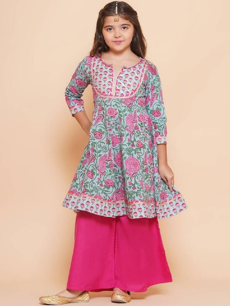 Girls floral printed empire gotta patti pure cotton kurta with sharara