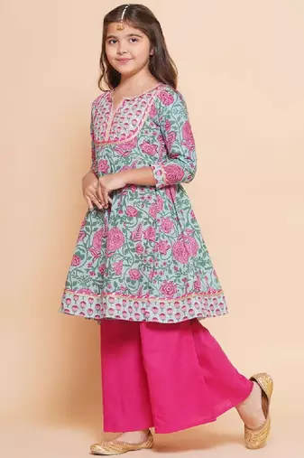 Girls floral printed empire gotta patti pure cotton kurta with sharara