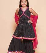 Girls ethnic motifs printed empire sequinned pure cotton kurta with sharara