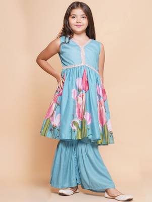 Girls floral printed empire gotta patti kurta with sharara 1