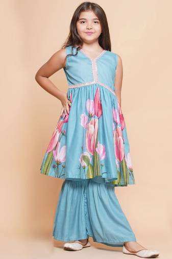 Girls floral printed empire gotta patti kurta with sharara