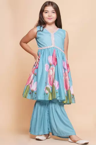 Girls floral printed empire gotta patti kurta with sharara