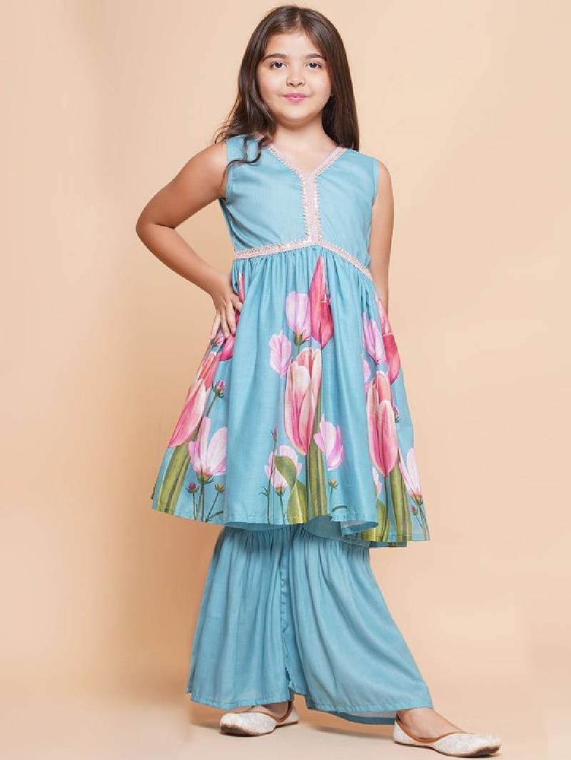 Girls floral printed empire gotta patti kurta with sharara