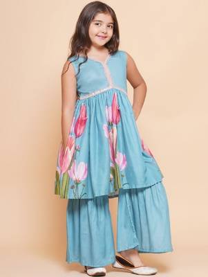 Girls floral printed empire gotta patti kurta with sharara 4