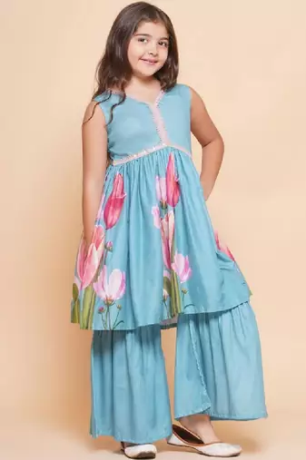 Girls floral printed empire gotta patti kurta with sharara
