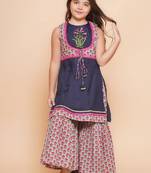 Girls floral printed regular sequinned pure cotton kurta with sharara