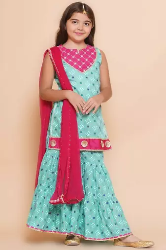 Girls ethnic motifs printed empire gotta patti kurti with sharara & with dupatta