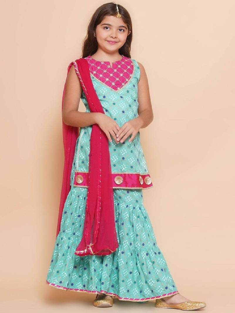 Girls ethnic motifs printed empire gotta patti kurti with sharara & with dupatta