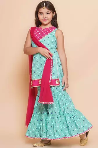 Girls ethnic motifs printed empire gotta patti kurti with sharara & with dupatta
