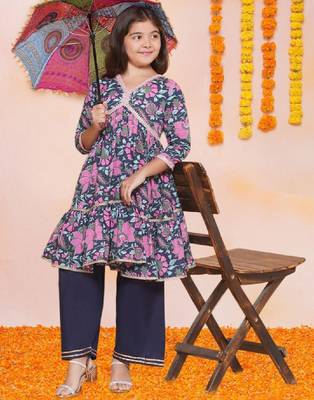 Girls floral printed empire gotta patti pure cotton kurta with palazzos 1