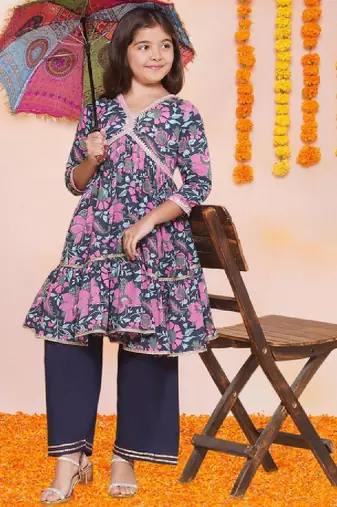Girls floral printed empire gotta patti pure cotton kurta with palazzos