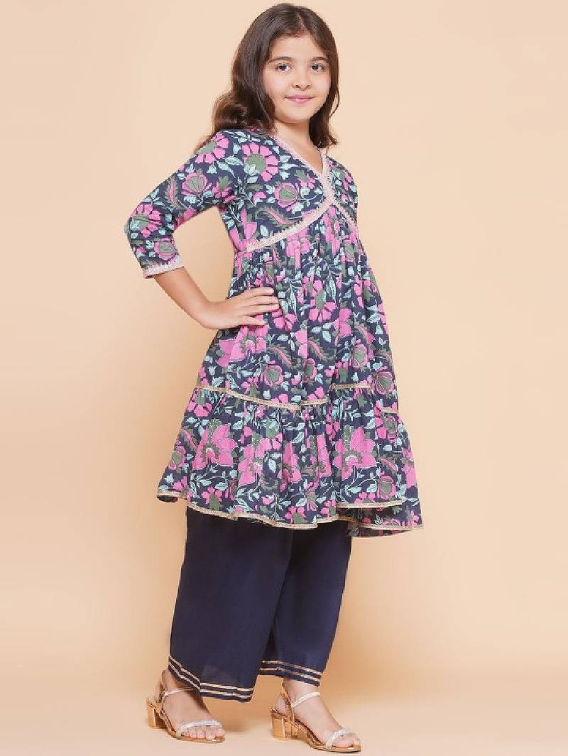 Girls floral printed empire gotta patti pure cotton kurta with palazzos