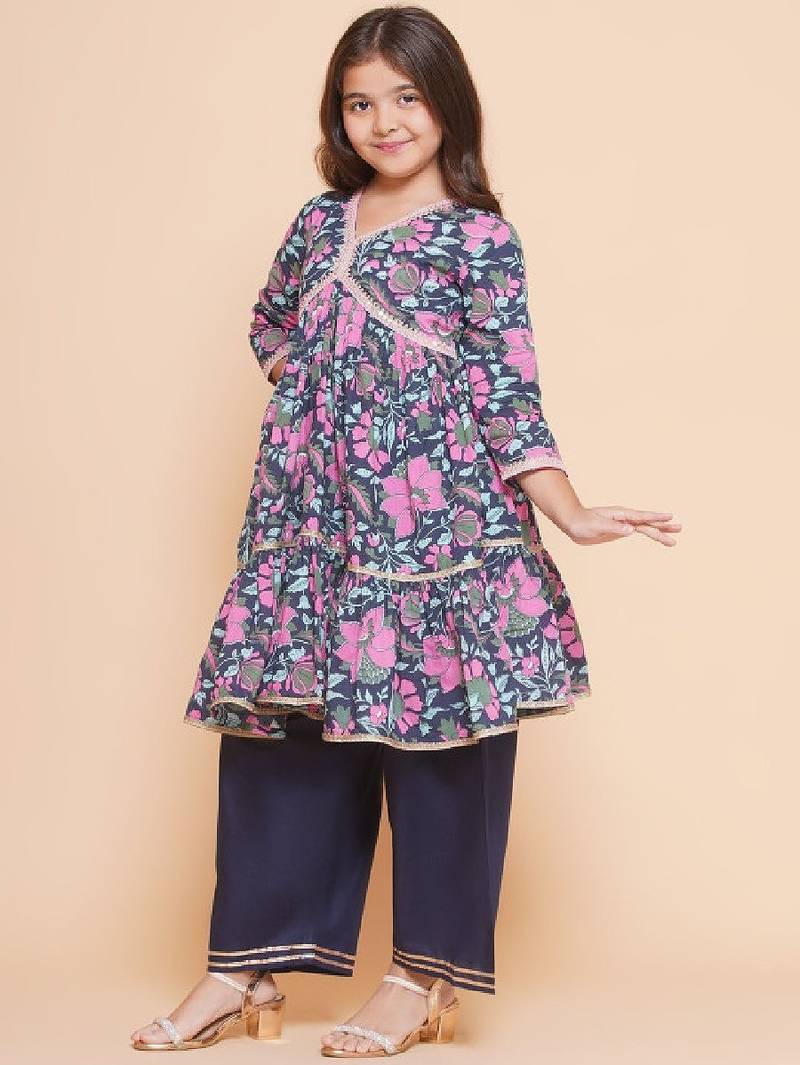 Girls floral printed empire gotta patti pure cotton kurta with palazzos