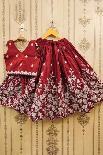 Girls maroon embroidered ready to wear lehenga & choli