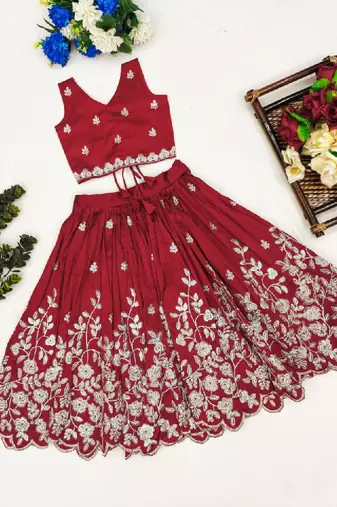 Girls maroon embroidered ready to wear lehenga & choli