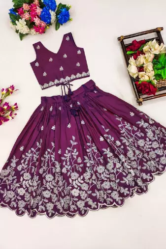 Girls purple embroidered ready to wear lehenga & choli