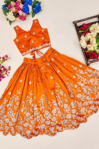 Girls orange embroidered ready to wear lehenga & choli