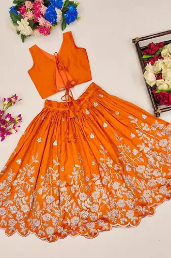 Girls orange embroidered ready to wear lehenga & choli