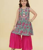Girls ethnic motifs printed panelled gotta patti pure cotton kurta with sharara