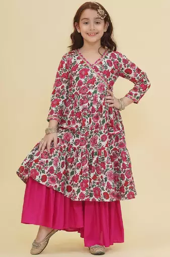 Girls floral printed angrakha gotta patti pure cotton kurta with sharara