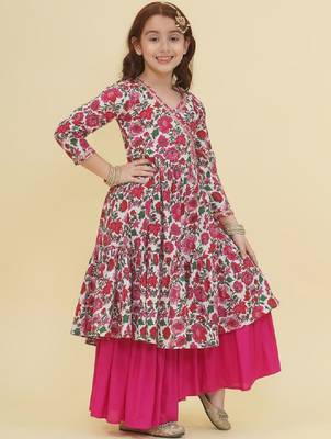 Girls floral printed angrakha gotta patti pure cotton kurta with sharara 3