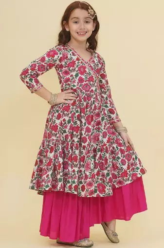 Girls floral printed angrakha gotta patti pure cotton kurta with sharara