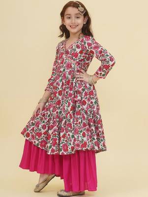 Girls floral printed angrakha gotta patti pure cotton kurta with sharara 4