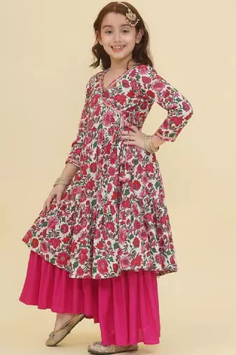 Girls floral printed angrakha gotta patti pure cotton kurta with sharara