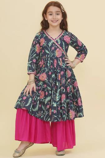 Girls ethnic motifs printed angrakha gotta patti pure cotton kurta with sharara