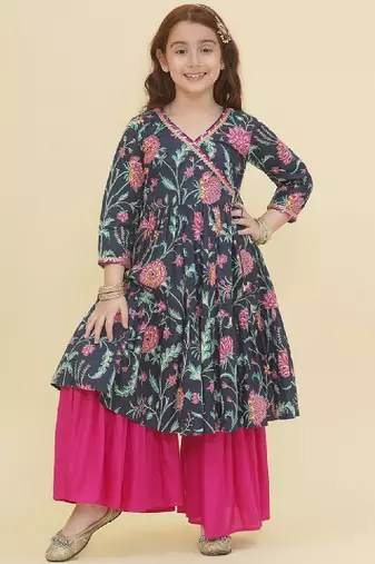 Girls ethnic motifs printed angrakha gotta patti pure cotton kurta with sharara
