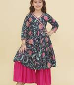 Girls ethnic motifs printed angrakha gotta patti pure cotton kurta with sharara