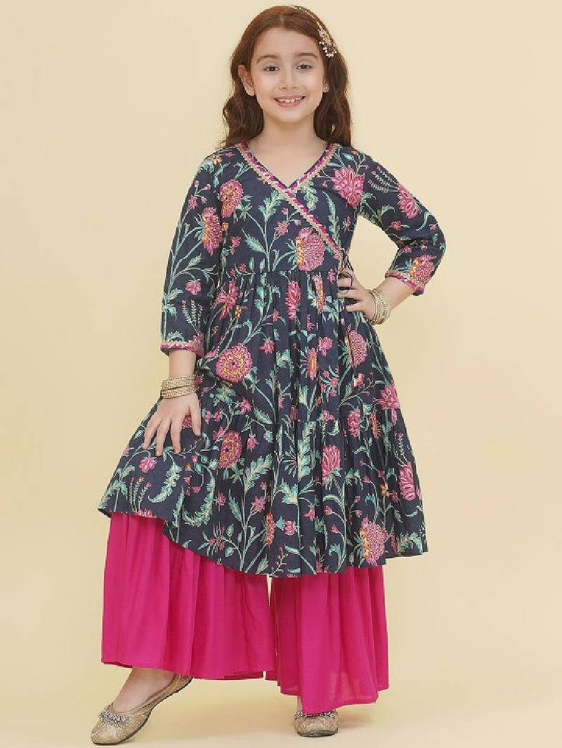 Girls ethnic motifs printed angrakha gotta patti pure cotton kurta with sharara