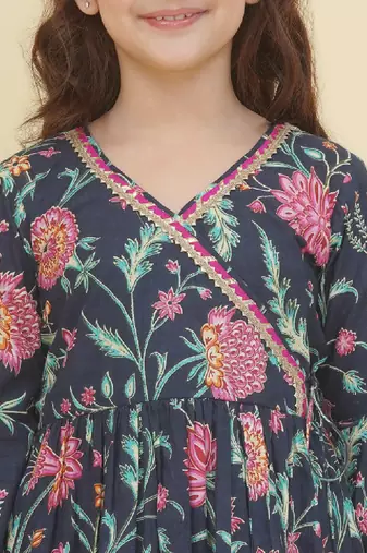 Girls ethnic motifs printed angrakha gotta patti pure cotton kurta with sharara