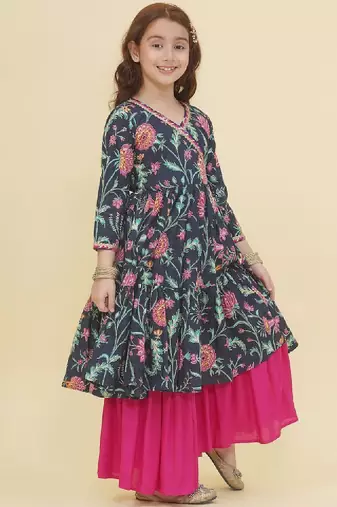 Girls ethnic motifs printed angrakha gotta patti pure cotton kurta with sharara