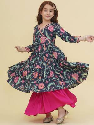 Girls ethnic motifs printed angrakha gotta patti pure cotton kurta with sharara 4
