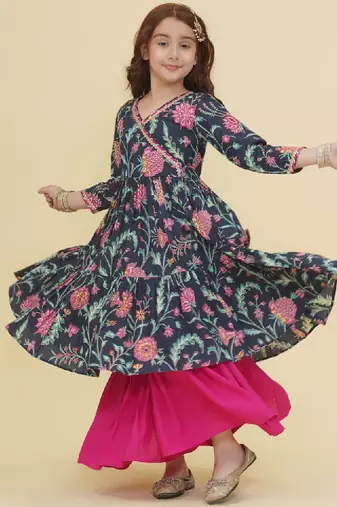 Girls ethnic motifs printed angrakha gotta patti pure cotton kurta with sharara